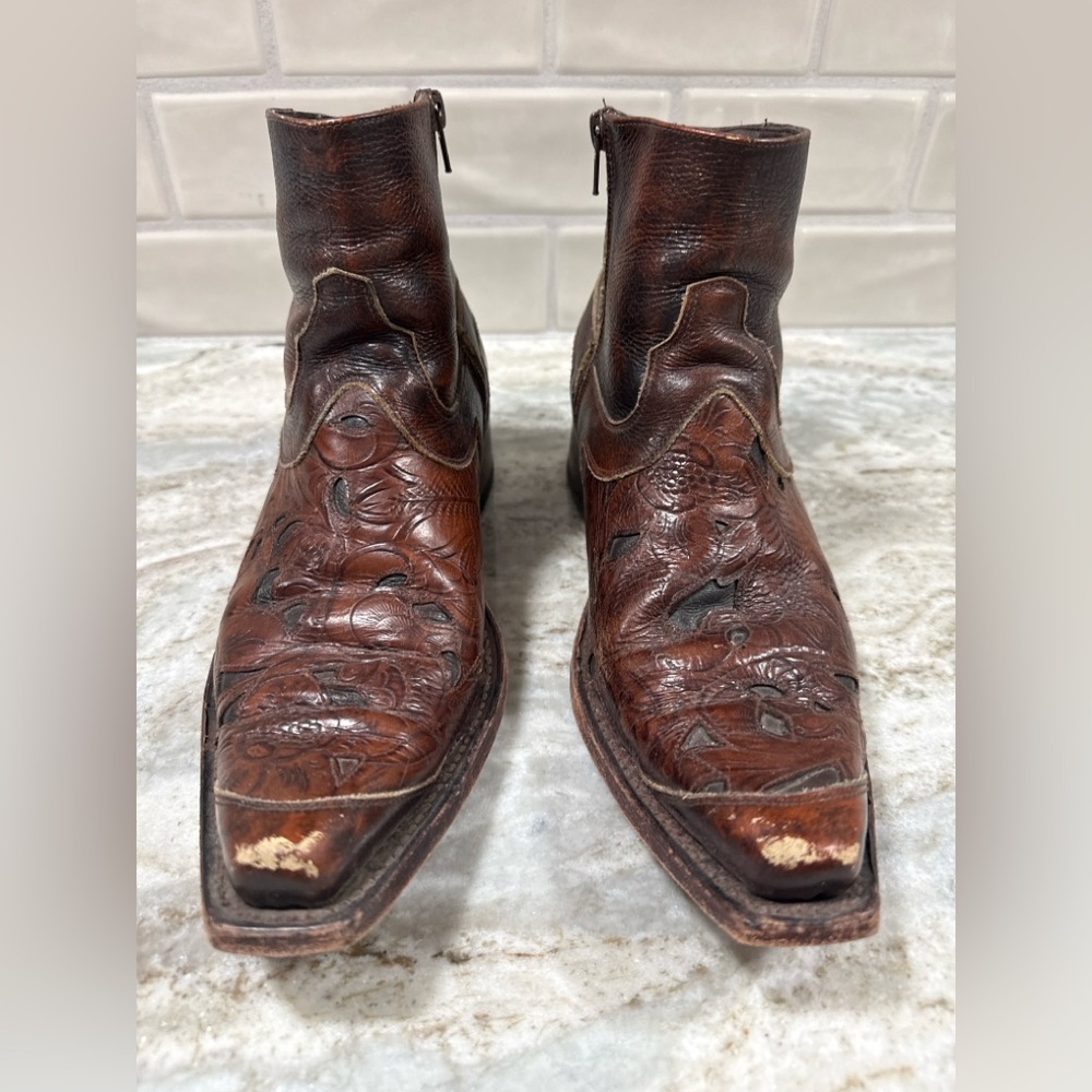 Women's Brown Embossed Leather Ankle Boots